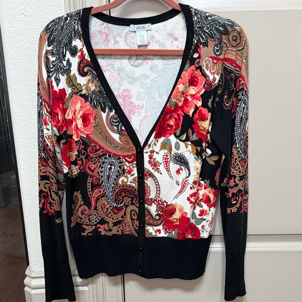 Cache Black and Red Floral Cardigan Sweater